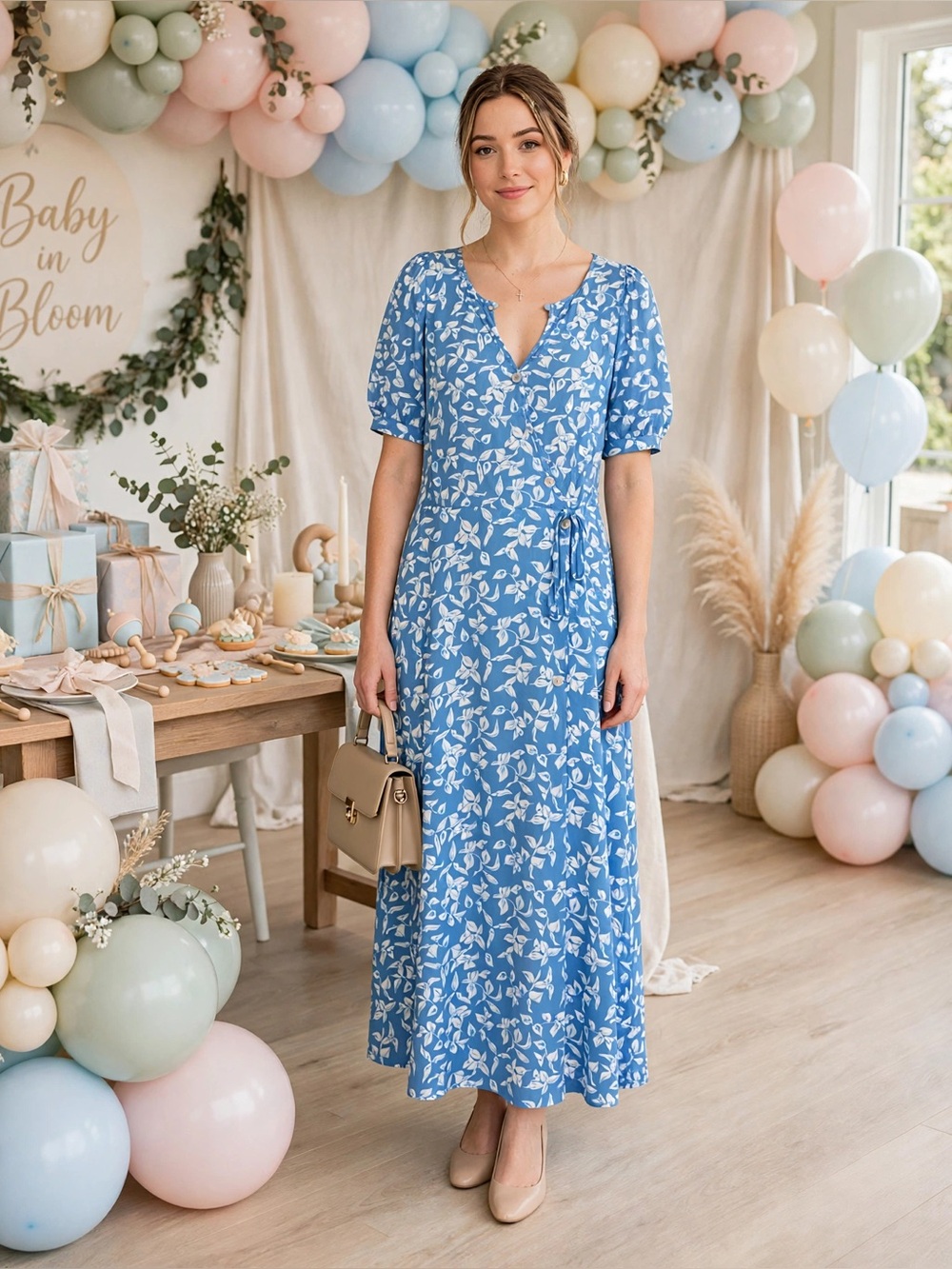 BloomChic Light Blue & White Floral Wrap Midi Dress